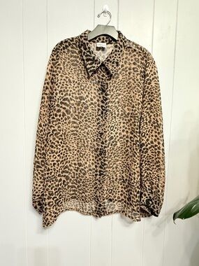 Modern Essentials Sheer Leopard Print Button Up Blouse Tan Black Flowy Top